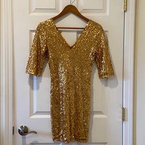 Gold Sequin V-neck Party Dress